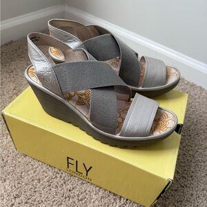 Fly London Women's Silver and Gray Wedge Sandals